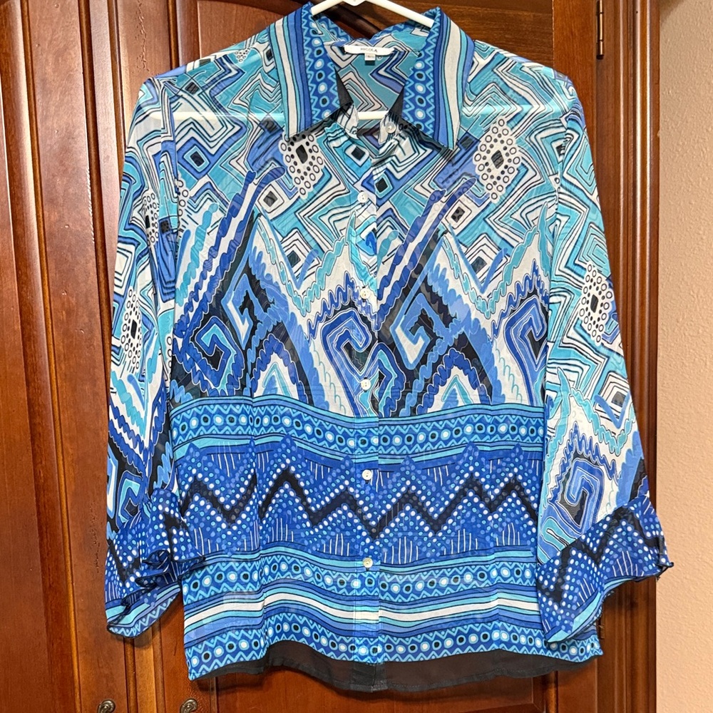 NICOLA Blue Teal Geometric Print Sheer Button down Blouse Size L